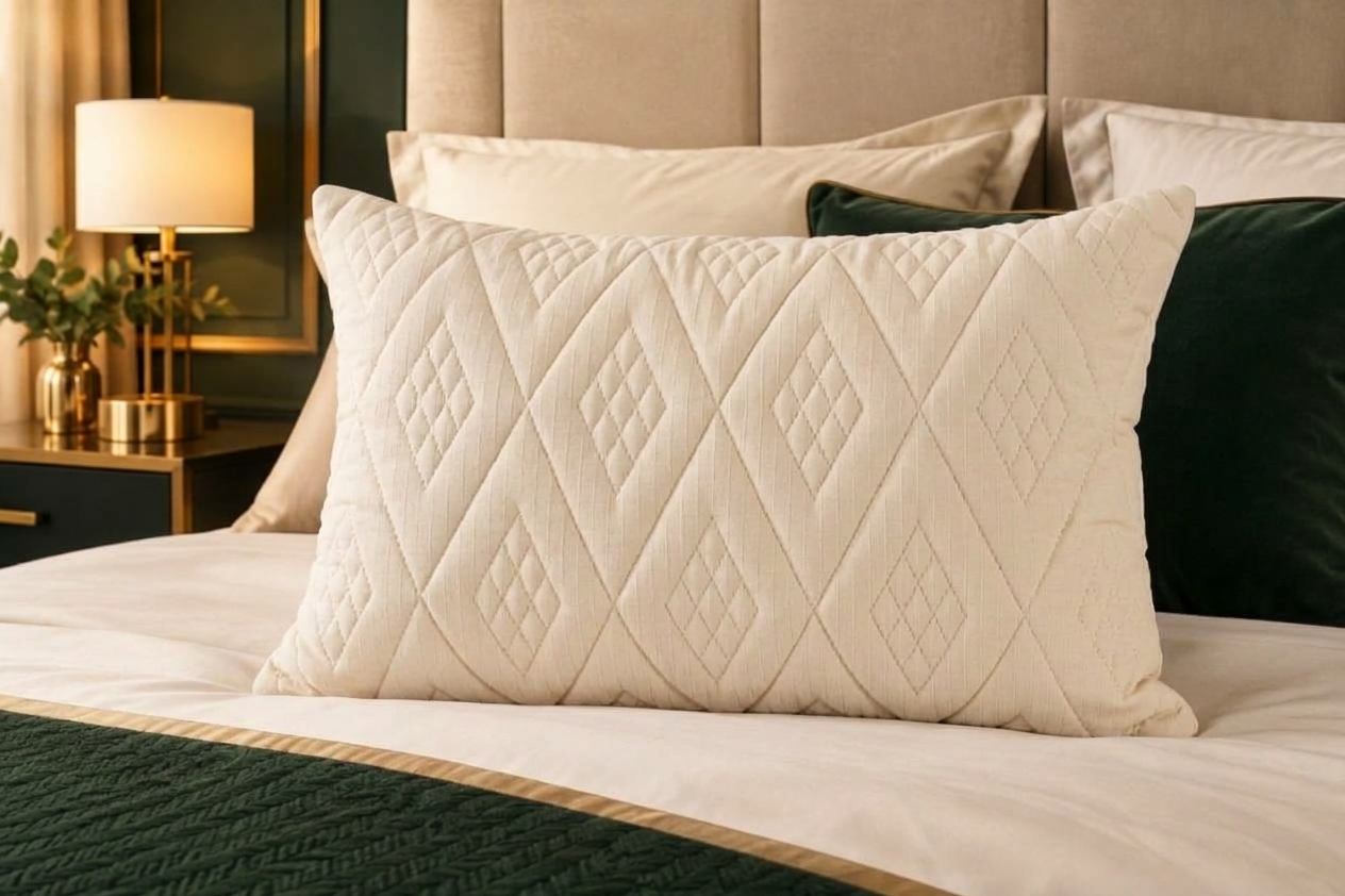 Almohada Ultra FibraCol en color Crema Marfil sobre cama