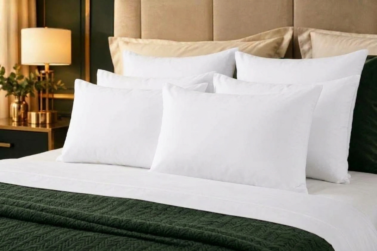 Almohadas Básicas FibraCol de color blanco sobre una cama matrimonial