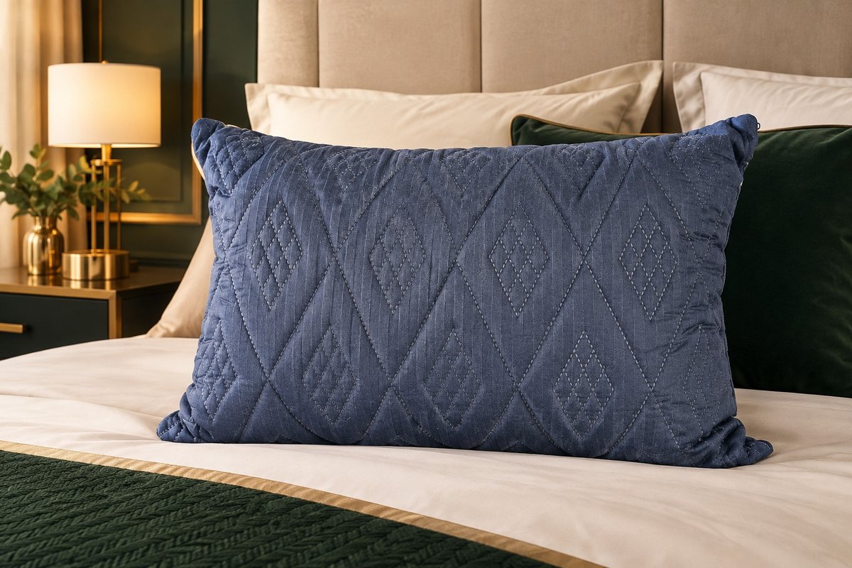 Almohada Ultra FibraCol en color Azul Noche sobre cama