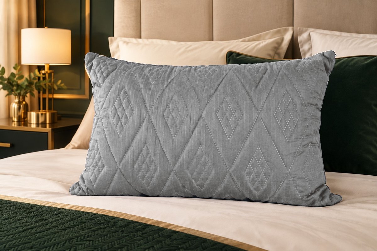 Almohada Ultra FibraCol en color Gris Oxford sobre cama